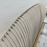 Light Beige Leather Upholstered Bed with Vertical Pleated Headboard & Gold Stainless Steel Ball Studs